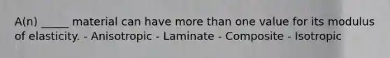 A(n) _____ material can have more than one value for its modulus of elasticity. - Anisotropic - Laminate - Composite - Isotropic