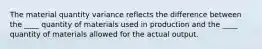 The material quantity variance reflects the difference between the ____ quantity of materials used in production and the ____ quantity of materials allowed for the actual output.