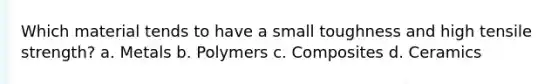Which material tends to have a small toughness and high tensile strength? a. Metals b. Polymers c. Composites d. Ceramics
