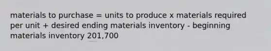 materials to purchase = units to produce x materials required per unit + desired ending materials inventory - beginning materials inventory 201,700