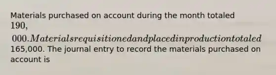 Materials purchased on account during the month totaled 190,000. Materials requisitioned and placed in production totaled165,000. The journal entry to record the materials purchased on account is