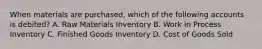 When materials are purchased, which of the following accounts is debited? A. Raw Materials Inventory B. Work in Process Inventory C. Finished Goods Inventory D. Cost of Goods Sold