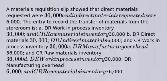 A materials requisition slip showed that direct materials requested were 30,000 and indirect materials requested were6,000. The entry to record the transfer of materials from the storeroom is: a. DR Work in process inventory 30,000; and CR Raw materials inventory30,000 b. DR Direct materials 30,000; DR Indirect materials6,000; and CR Work in process inventory 36,000 c. DR Manufacturing overhead36,000; and CR Raw materials inventory 36,000 d. DR Work in process inventory30,000; DR Manufacturing overhead6,000; and CR Raw materials inventory36,000