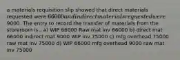 a materials requisition slip showed that direct materials requested were 66000 and indirect materials requested were9000. The entry to record the transfer of materials from the storeroom is.. a) WIP 66000 Raw mat inv 66000 b) direct mat 66000 indirect mat 9000 WIP inv 75000 c) mfg overhead 75000 raw mat inv 75000 d) WIP 66000 mfg overhead 9000 raw mat inv 75000