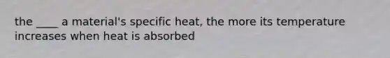 the ____ a material's specific heat, the more its temperature increases when heat is absorbed