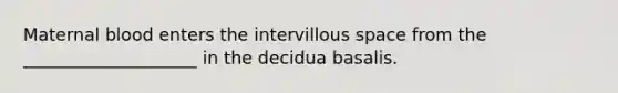 Maternal blood enters the intervillous space from the ____________________ in the decidua basalis.