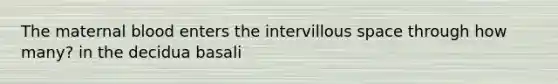 The maternal blood enters the intervillous space through how many? in the decidua basali