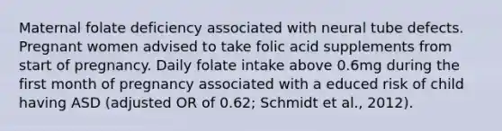 Maternal folate deficiency associated with neural tube defects. Pregnant women advised to take folic acid supplements from start of pregnancy. Daily folate intake above 0.6mg during the first month of pregnancy associated with a educed risk of child having ASD (adjusted OR of 0.62; Schmidt et al., 2012).