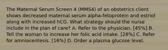 The Maternal Serum Screen 4 (MMS4) of an obstetrics client shows decreased maternal serum alpha-fetoprotein and estriol along with increased hCG. What strategy should the nurse include in the plan of care? A. Refer to the physician. [45%] B. Tell the woman to increase her folic acid intake. [28%] C. Refer for amniocentesis. [16%] D. Order a plasma glucose level.