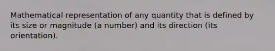 Mathematical representation of any quantity that is defined by its size or magnitude (a number) and its direction (its orientation).