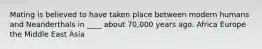 Mating is believed to have taken place between modern humans and Neanderthals in ____ about 70,000 years ago. Africa Europe the Middle East Asia