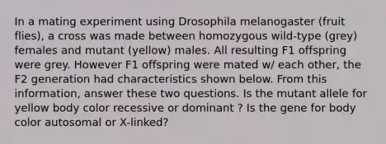 In a mating experiment using Drosophila melanogaster (fruit flies), a cross was made between homozygous wild-type (grey) females and mutant (yellow) males. All resulting F1 offspring were grey. However F1 offspring were mated w/ each other, the F2 generation had characteristics shown below. From this information, answer these two questions. Is the mutant allele for yellow body color recessive or dominant ? Is the gene for body color autosomal or X-linked?