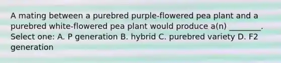 A mating between a purebred purple-flowered pea plant and a purebred white-flowered pea plant would produce a(n) ________. Select one: A. P generation B. hybrid C. purebred variety D. F2 generation