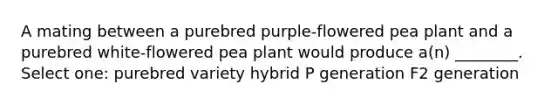 A mating between a purebred purple-flowered pea plant and a purebred white-flowered pea plant would produce a(n) ________. Select one: purebred variety hybrid P generation F2 generation