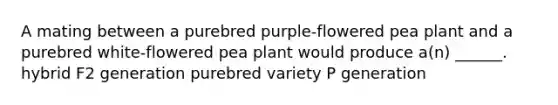 A mating between a purebred purple-flowered pea plant and a purebred white-flowered pea plant would produce a(n) ______. hybrid F2 generation purebred variety P generation