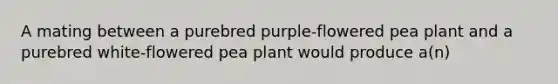 A mating between a purebred purple-flowered pea plant and a purebred white-flowered pea plant would produce a(n)