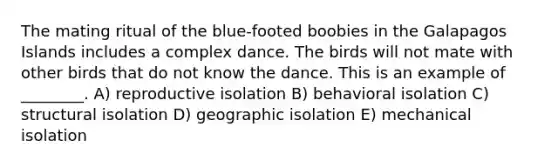 The mating ritual of the blue-footed boobies in the Galapagos Islands includes a complex dance. The birds will not mate with other birds that do not know the dance. This is an example of ________. A) reproductive isolation B) behavioral isolation C) structural isolation D) geographic isolation E) mechanical isolation