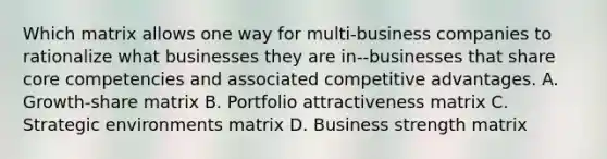 Which matrix allows one way for multi-business companies to rationalize what businesses they are in--businesses that share core competencies and associated competitive advantages. A. Growth-share matrix B. Portfolio attractiveness matrix C. Strategic environments matrix D. Business strength matrix