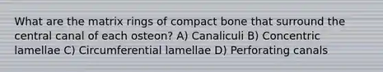 What are the matrix rings of compact bone that surround the central canal of each osteon? A) Canaliculi B) Concentric lamellae C) Circumferential lamellae D) Perforating canals