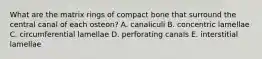 What are the matrix rings of compact bone that surround the central canal of each osteon? A. canaliculi B. concentric lamellae C. circumferential lamellae D. perforating canals E. interstitial lamellae