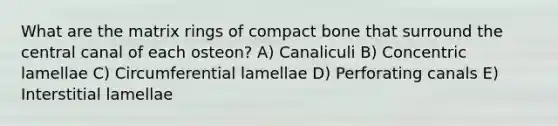 What are the matrix rings of compact bone that surround the central canal of each osteon? A) Canaliculi B) Concentric lamellae C) Circumferential lamellae D) Perforating canals E) Interstitial lamellae