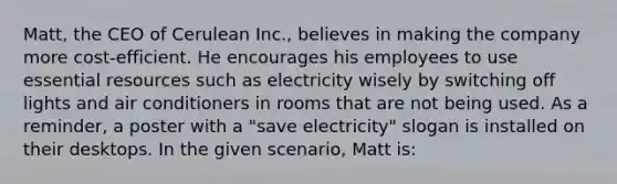 Matt, the CEO of Cerulean Inc., believes in making the company more cost-efficient. He encourages his employees to use essential resources such as electricity wisely by switching off lights and air conditioners in rooms that are not being used. As a reminder, a poster with a "save electricity" slogan is installed on their desktops. In the given scenario, Matt is: