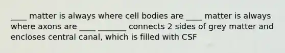 ____ matter is always where cell bodies are ____ matter is always where axons are ____ _______ connects 2 sides of grey matter and encloses central canal, which is filled with CSF