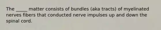 The _____ matter consists of bundles (aka tracts) of myelinated nerves fibers that conducted nerve impulses up and down <a href='https://www.questionai.com/knowledge/kkAfzcJHuZ-the-spinal-cord' class='anchor-knowledge'>the spinal cord</a>.