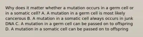 Why does it matter whether a mutation occurs in a germ cell or in a somatic cell? A. A mutation in a germ cell is most likely cancerous B. A mutation in a somatic cell always occurs in junk DNA C. A mutation in a germ cell can be passed on to offspring D. A mutation in a somatic cell can be passed on to offspring