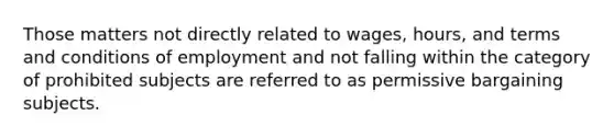 Those matters not directly related to wages, hours, and terms and conditions of employment and not falling within the category of prohibited subjects are referred to as permissive bargaining subjects.