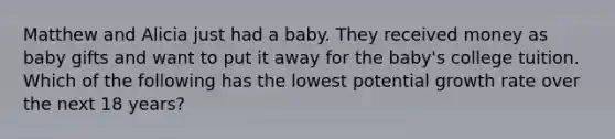 Matthew and Alicia just had a baby. They received money as baby gifts and want to put it away for the baby's college tuition. Which of the following has the lowest potential growth rate over the next 18 years?