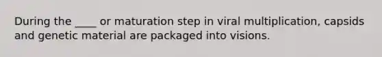 During the ____ or maturation step in viral multiplication, capsids and genetic material are packaged into visions.