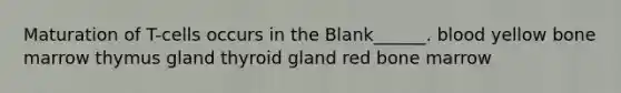 Maturation of T-cells occurs in the Blank______. blood yellow bone marrow thymus gland thyroid gland red bone marrow