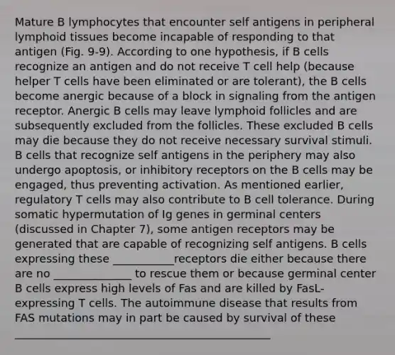 Mature B lymphocytes that encounter self antigens in peripheral lymphoid tissues become incapable of responding to that antigen (Fig. 9-9). According to one hypothesis, if B cells recognize an antigen and do not receive T cell help (because helper T cells have been eliminated or are tolerant), the B cells become anergic because of a block in signaling from the antigen receptor. Anergic B cells may leave lymphoid follicles and are subsequently excluded from the follicles. These excluded B cells may die because they do not receive necessary survival stimuli. B cells that recognize self antigens in the periphery may also undergo apoptosis, or inhibitory receptors on the B cells may be engaged, thus preventing activation. As mentioned earlier, regulatory T cells may also contribute to B cell tolerance. During somatic hypermutation of Ig genes in germinal centers (discussed in Chapter 7), some antigen receptors may be generated that are capable of recognizing self antigens. B cells expressing these ___________receptors die either because there are no ______________ to rescue them or because germinal center B cells express high levels of Fas and are killed by FasL-expressing T cells. The autoimmune disease that results from FAS mutations may in part be caused by survival of these ______________________________________________