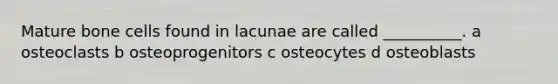 Mature bone cells found in lacunae are called __________. a osteoclasts b osteoprogenitors c osteocytes d osteoblasts