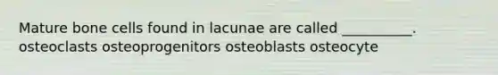 Mature bone cells found in lacunae are called __________. osteoclasts osteoprogenitors osteoblasts osteocyte