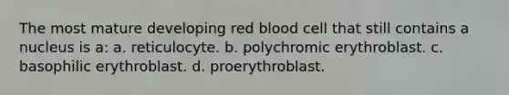 The most mature developing red blood cell that still contains a nucleus is a: a. reticulocyte. b. polychromic erythroblast. c. basophilic erythroblast. d. proerythroblast.