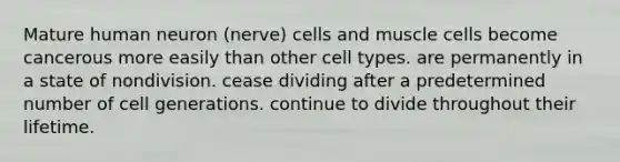 Mature human neuron (nerve) cells and muscle cells become cancerous more easily than other cell types. are permanently in a state of nondivision. cease dividing after a predetermined number of cell generations. continue to divide throughout their lifetime.