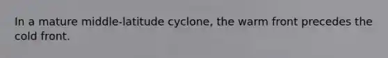 In a mature middle-latitude cyclone, the warm front precedes the cold front.