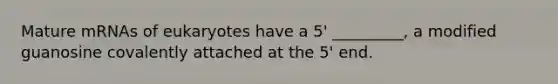 Mature mRNAs of eukaryotes have a 5' _________, a modified guanosine covalently attached at the 5' end.