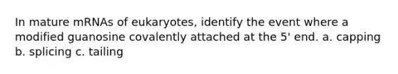 In mature mRNAs of eukaryotes, identify the event where a modified guanosine covalently attached at the 5' end. a. capping b. splicing c. tailing