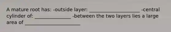 A mature root has: -outside layer: _____________________ -central cylinder of: _______________ -between the two layers lies a large area of _______________________