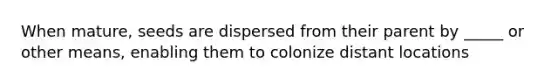 When mature, seeds are dispersed from their parent by _____ or other means, enabling them to colonize distant locations