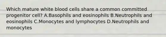 Which mature white blood cells share a common committed progenitor cell? A.Basophils and eosinophils B.Neutrophils and eosinophils C.Monocytes and lymphocytes D.Neutrophils and monocytes