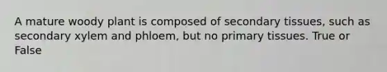 A mature woody plant is composed of secondary tissues, such as secondary xylem and phloem, but no primary tissues. True or False