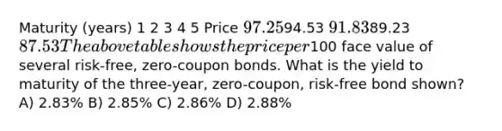 Maturity (years) 1 2 3 4 5 Price 97.2594.53 91.8389.23 87.53 The above table shows the price per100 face value of several risk-free, zero-coupon bonds. What is the yield to maturity of the three-year, zero-coupon, risk-free bond shown? A) 2.83% B) 2.85% C) 2.86% D) 2.88%