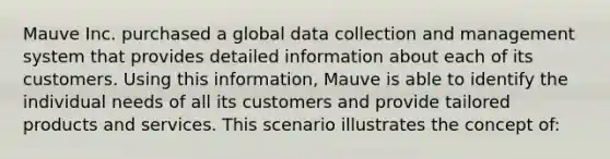 Mauve Inc. purchased a global data collection and management system that provides detailed information about each of its customers. Using this information, Mauve is able to identify the individual needs of all its customers and provide tailored products and services. This scenario illustrates the concept of: