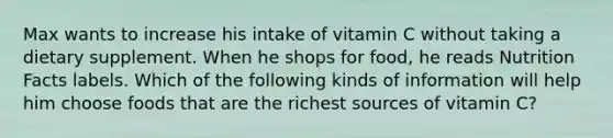 Max wants to increase his intake of vitamin C without taking a dietary supplement. When he shops for food, he reads Nutrition Facts labels. Which of the following kinds of information will help him choose foods that are the richest sources of vitamin C?