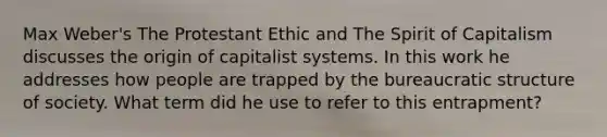 Max Weber's The Protestant Ethic and The Spirit of Capitalism discusses the origin of capitalist systems. In this work he addresses how people are trapped by the bureaucratic structure of society. What term did he use to refer to this entrapment?