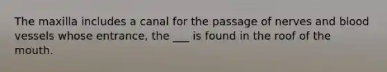 The maxilla includes a canal for the passage of nerves and blood vessels whose entrance, the ___ is found in the roof of the mouth.